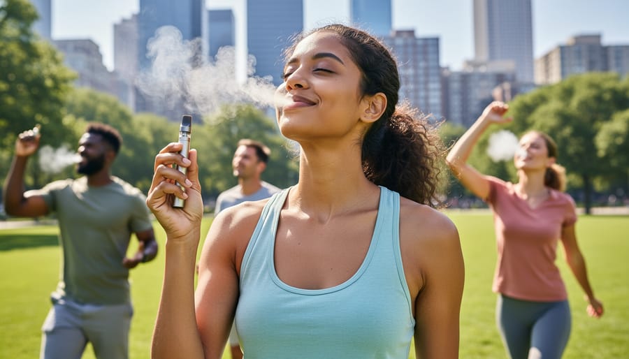 Person breathing deeply outdoors showing improved respiratory wellness