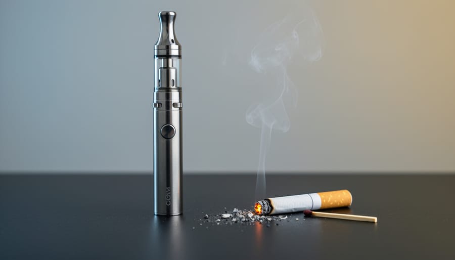 Modern e-cigarette device positioned next to traditional cigarette pack showing contrast between products