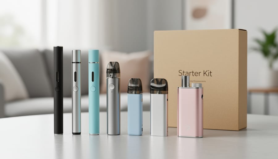 Selection of beginner e-cigarette starter devices displayed on wooden surface