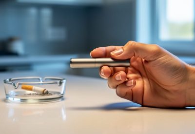 Adult hand holding a sleek pod-style e-cigarette on a kitchen counter, with a blurred ashtray and stubbed-out cigarette in the background under soft window light.