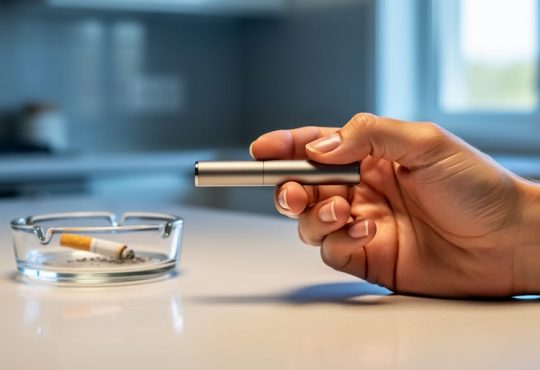 Adult hand holding a sleek pod-style e-cigarette on a kitchen counter, with a blurred ashtray and stubbed-out cigarette in the background under soft window light.