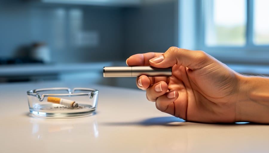 Adult hand holding a sleek pod-style e-cigarette on a kitchen counter, with a blurred ashtray and stubbed-out cigarette in the background under soft window light.