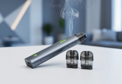Close-up of a sleek dual-pod vape device with two pod cartridges on a tabletop, with soft vapor in the background.