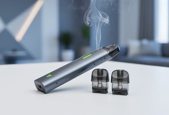 Close-up of a sleek dual-pod vape device with two pod cartridges on a tabletop, with soft vapor in the background.
