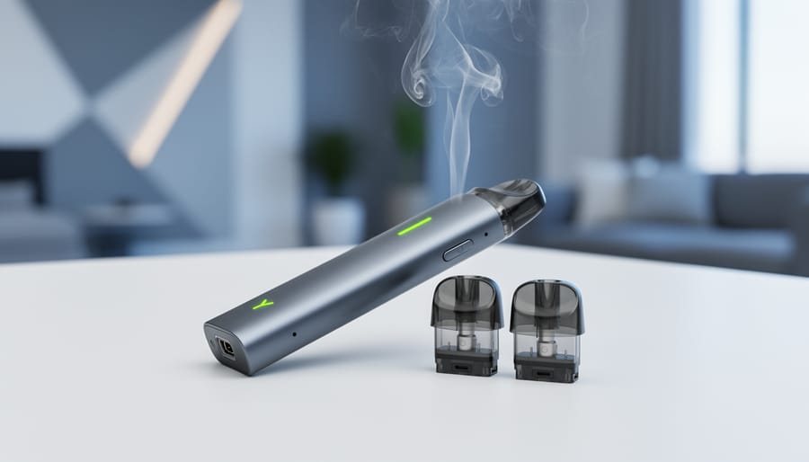 Close-up of a sleek dual-pod vape device with two pod cartridges on a tabletop, with soft vapor in the background.
