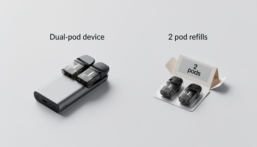 Two vape pod options shown side-by-side: a compact device holding two pods and two individual refill pods.