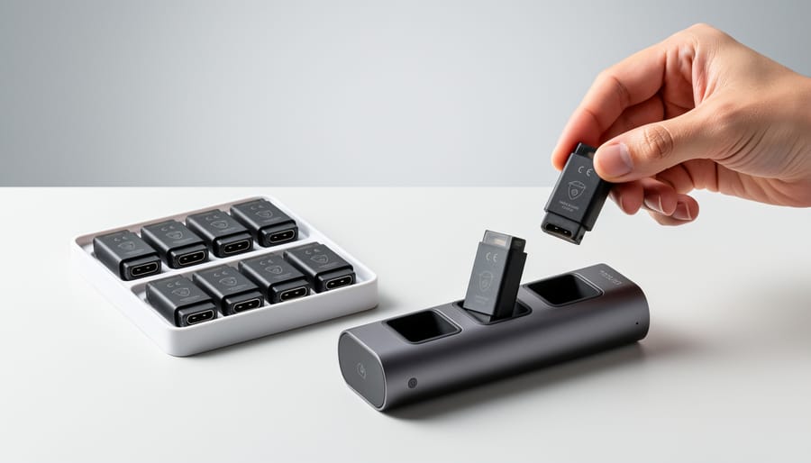 Two-pod vape device with two pods installed and a separate two-pack of replacement pods on a matte surface.