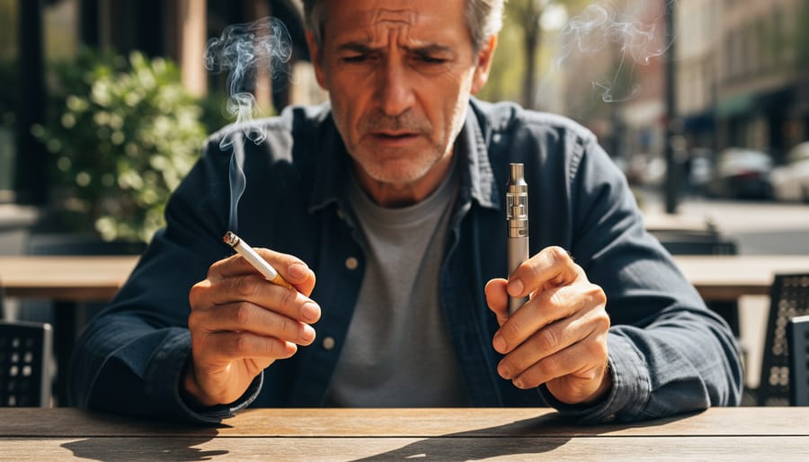 Close-up of hands holding a cigarette and a hemp-derived CBD vape pen side by side.