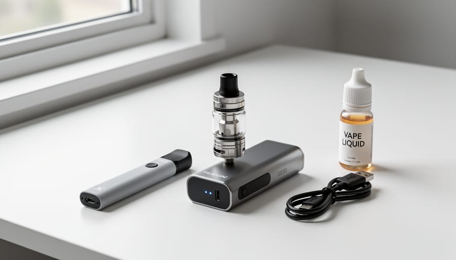 Disposable and rechargeable vape devices shown side-by-side on a desk with a small refill bottle in the background.