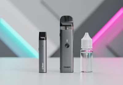 Disposable vape and refillable pod-style vape devices displayed on a tabletop with an e-liquid bottle nearby.