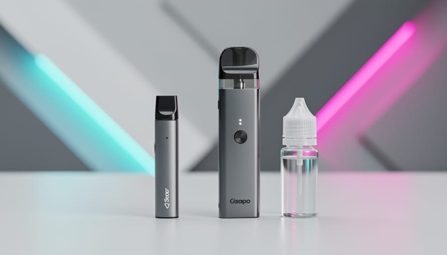 Disposable vape and refillable pod-style vape devices displayed on a tabletop with an e-liquid bottle nearby.