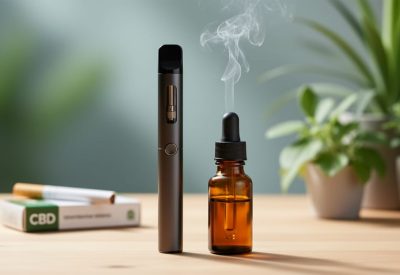 Close-up of a hemp-derived CBD vape pen and an amber CBD dropper bottle on a wooden surface with soft vapor in the background.