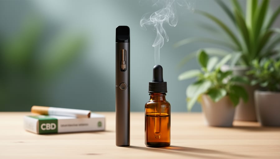 Close-up of a hemp-derived CBD vape pen and an amber CBD dropper bottle on a wooden surface with soft vapor in the background.