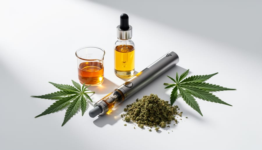 Macro view of hemp-derived CBD extract in a glass jar next to vape pod and vape liquid bottle on a wooden surface.