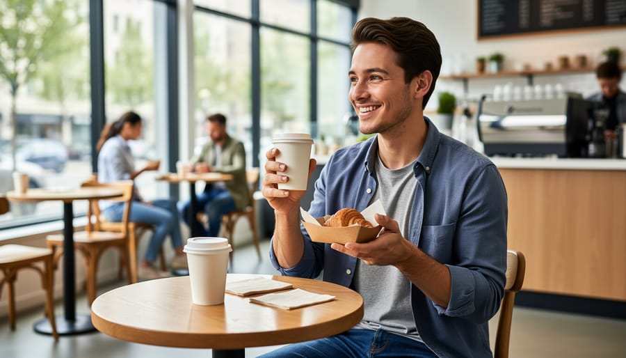 Person holding a disposable vape at a cafe table with a softly blurred background.