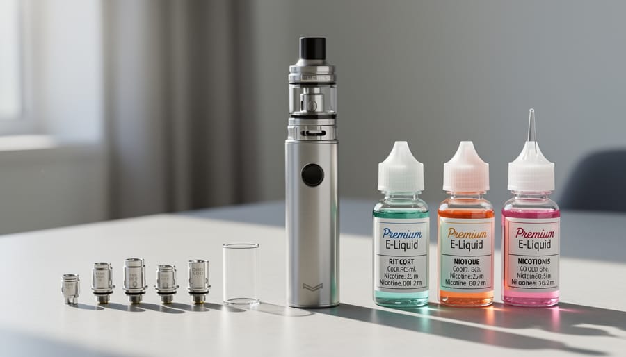 Rechargeable vape components including device, spare coils, and e-liquid bottles arranged on a bathroom counter.