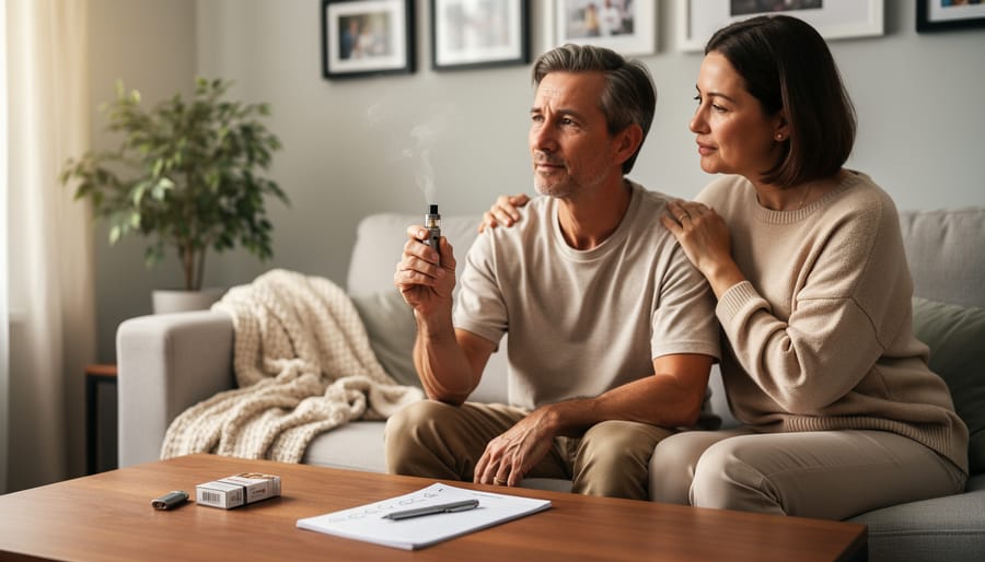 Relaxed person at home with a hemp-derived CBD vape pen resting in a tray while lightly exhaling in warm evening light.