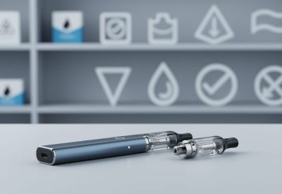 “Close-up of a vape device and cartridge on a clean tabletop with a blurred, retail background suggesting regulated consumer safety.”