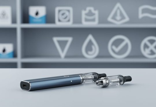 “Close-up of a vape device and cartridge on a clean tabletop with a blurred, retail background suggesting regulated consumer safety.”