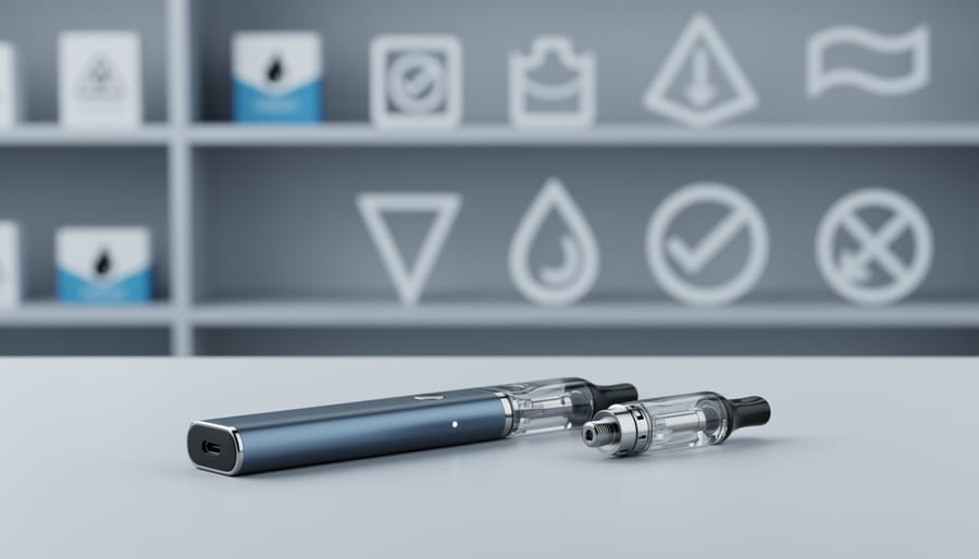 “Close-up of a vape device and cartridge on a clean tabletop with a blurred, retail background suggesting regulated consumer safety.”