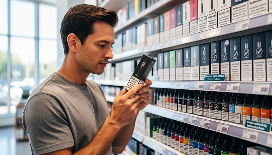 A person examining vape products in a store aisle with packaging angled away from the camera.