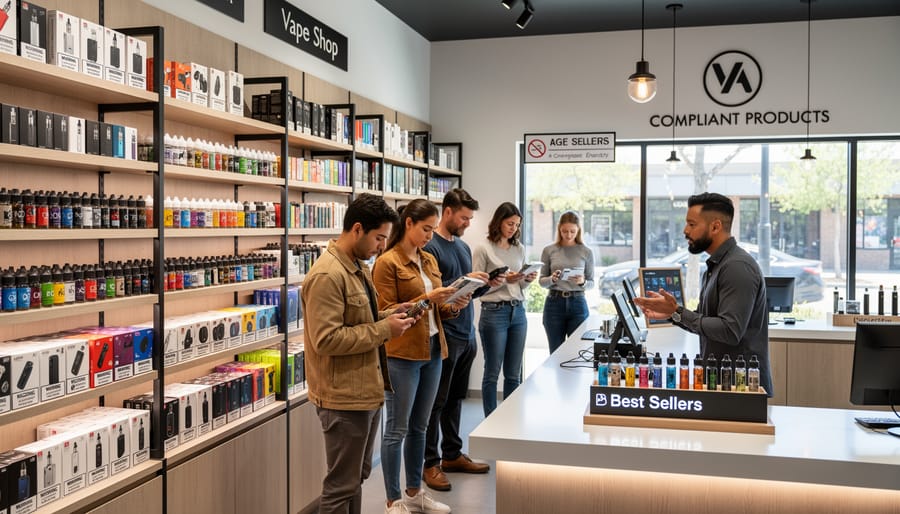 A vape shop counter with vape devices and e-liquids displayed in a glass case under clean lighting.