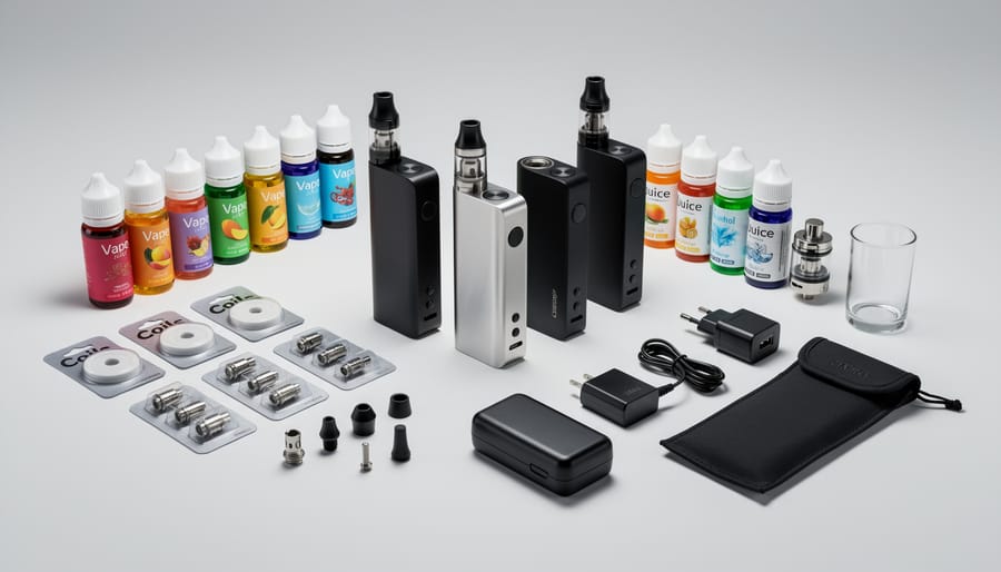 Assorted vape pods, refill bottle, and replacement coils arranged on a clean tabletop with an instruction booklet
