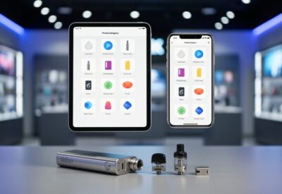 Curated vape shopping concept showing vape hardware components alongside a tablet and phone interface with category-style icons, photographed in a clean modern setting.