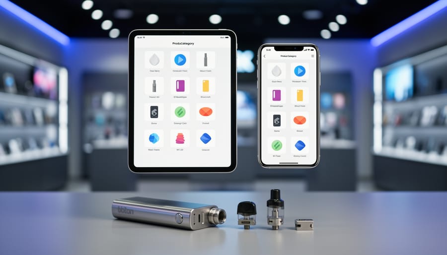 Curated vape shopping concept showing vape hardware components alongside a tablet and phone interface with category-style icons, photographed in a clean modern setting.